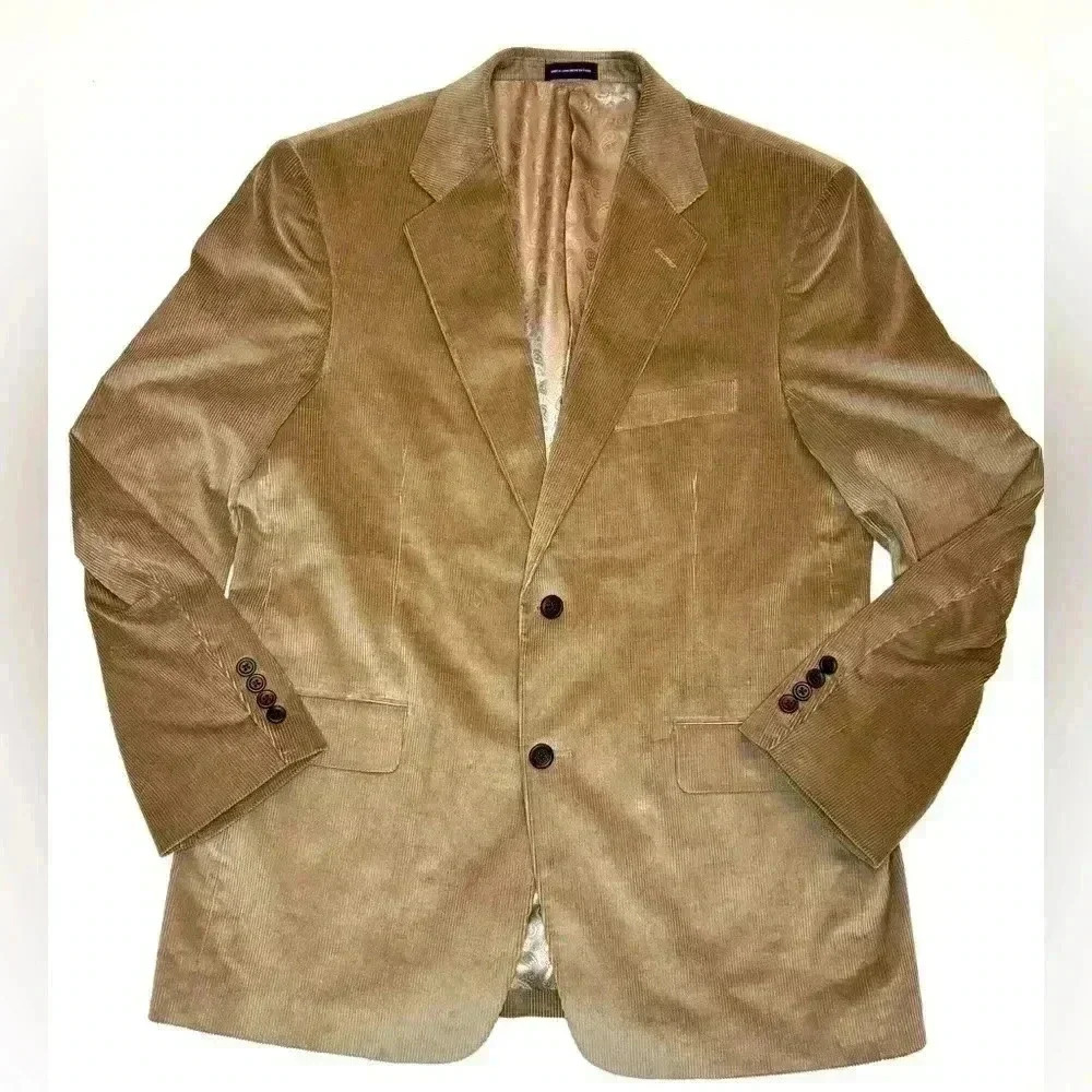 Stafford Essentials  Mens 42R Corduroy 2 Button Blazer Lined Khaki Sport Coat